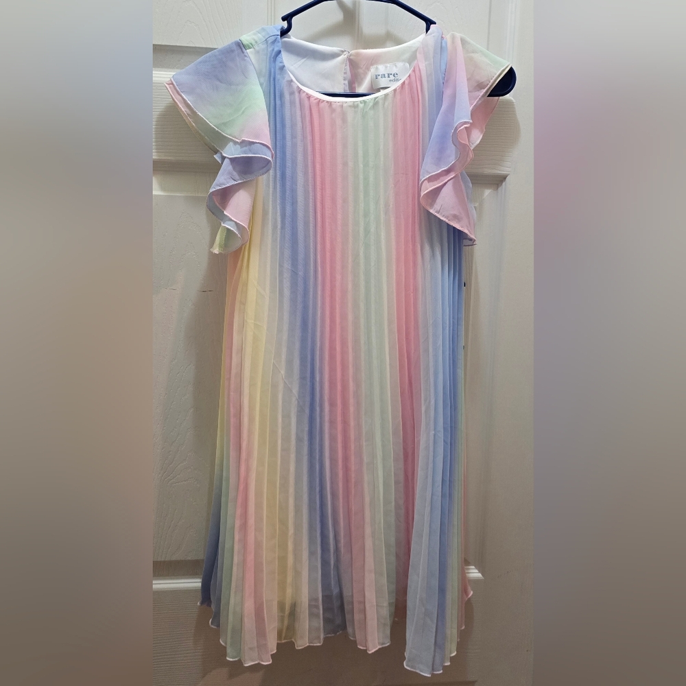 Rare Editions Big Kid Pastel Rainbow Pleated Dress Fluttee Sleeve 10/12
